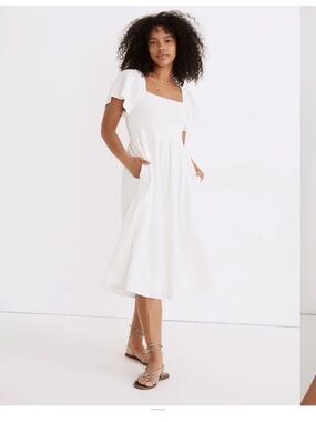 NWT Madewell Lucie Cream Smocked Midi Dress with Flutter Sleeves Sz. L